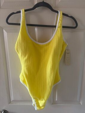 Woman’s One-Piece Swimsuit in Bright Yellow with White Trim